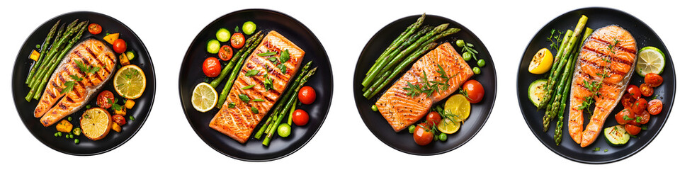 Delicious and nutritious grilled salmon fillets served with a variety of roasted colorful vegetables on black plates