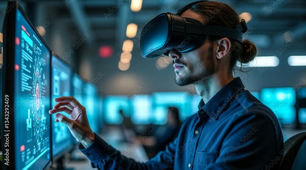 Poster a man wearing a vr headset is playing a video game. he is focused on the screen and he is enjoying h