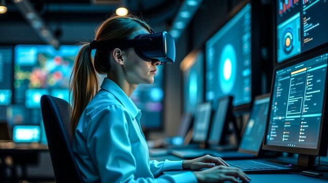 A woman wearing a virtual reality headset is sitting at a computer desk with multiple monitors. She is focused on her work, likely using the VR technology to enhance her productivity or experience