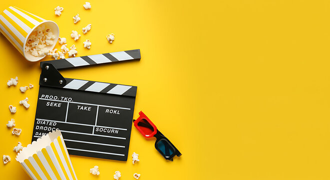 popcorn and 3d glasses on a bright background. cinema concept, movie theater