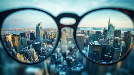 Discovering clarity through glasses overlooking the vibrant skyline of New York City at twilight