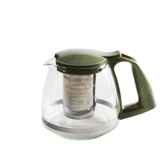 Glass teapot with green plastic handle on white background, isolated