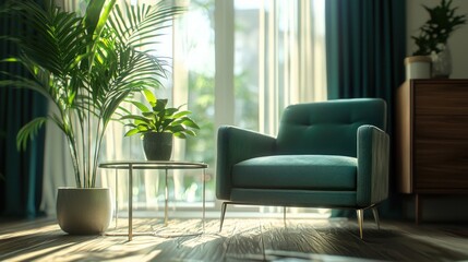 Sunlit teal armchair in modern living room with plants.
