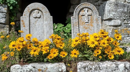 Two weathered stone grave markers adorned with yellow flowers.