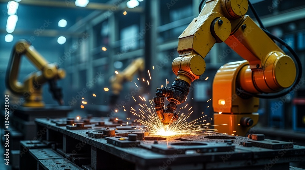 Poster a robot is working on a piece of metal, surrounded by other robots. the scene is industrial and mech