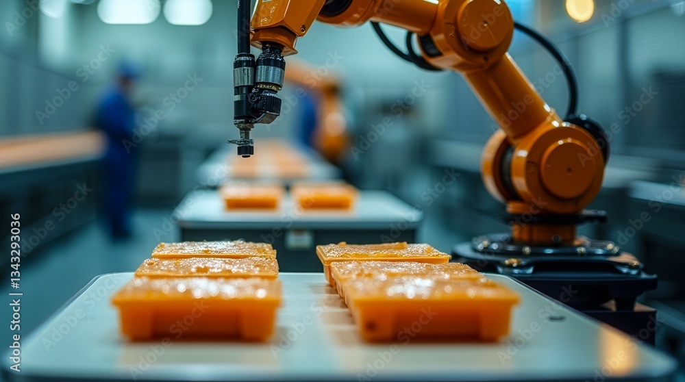 Poster a robot is making food in a factory. the robot is orange and has a long arm. there are several orang