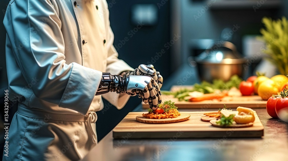 Poster a chef is preparing food with a robotic arm. the scene is set in a kitchen with a counter and a dini