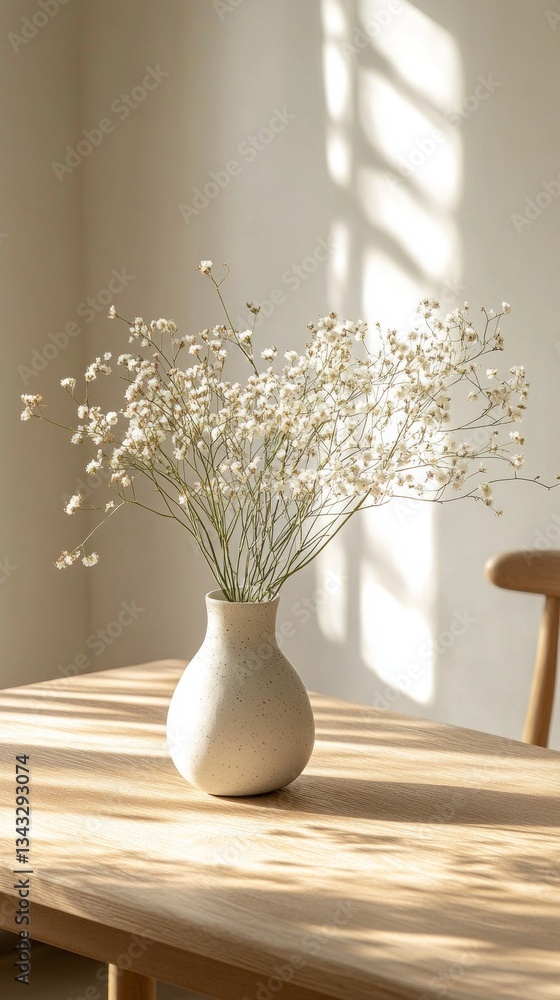 Poster Sunlight streams through the window, casting gentle shadows on a wooden table adorned with a simple vase holding delicate white flowers, creating a calming atmosphere