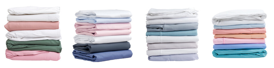 Piles of freshly laundered and neatly organized bedding including sheets pillowcases and towels in a variety of soft pastel colors creating a cozy and comforting household display