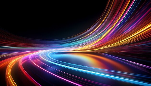abstract curve light trails colorful luminous long exposure motion shape high speed light streaks effects on black reflection floor background