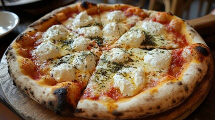A slice of pizza with cheese and herbs on top