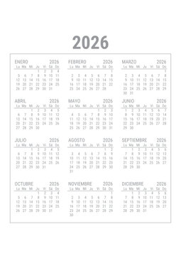 Calendario 2026 en Espa&ntilde;ol A4 para imprimir	