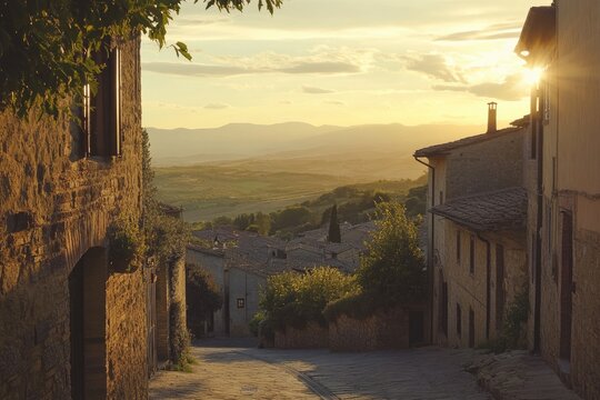 Montefalco, Umbria, Italy. Sunset Landscape of Old Town with Charming Streets and Sky View
