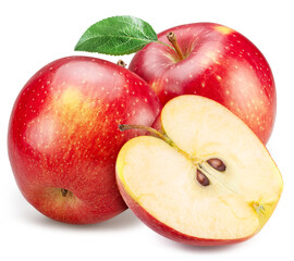 Ripe red apples with yellow spots and apple slice on white background. File contains clipping path.