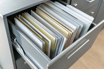 Explore the organization of an open filing cabinet showcasing neatly arranged documents with a rustic aesthetic