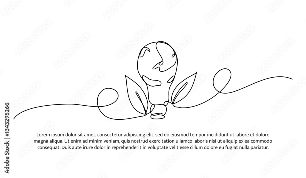 Poster continuous one line design of a lightbulb with leaves. minimalist style vector illustration on white