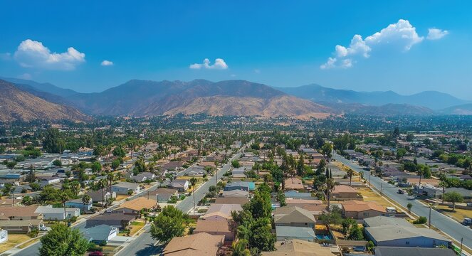 Moreno Valley. Aerial View of Suburban Cityscape in Southern California, Daytime Travel Scene