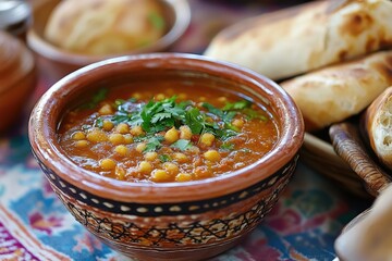 Moroccan Harira Soup: Traditional Maghreb Food in Authentic Bowl