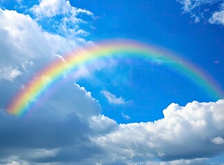Rainbow Arching Over Blue Sky with White Clouds Nature Scene