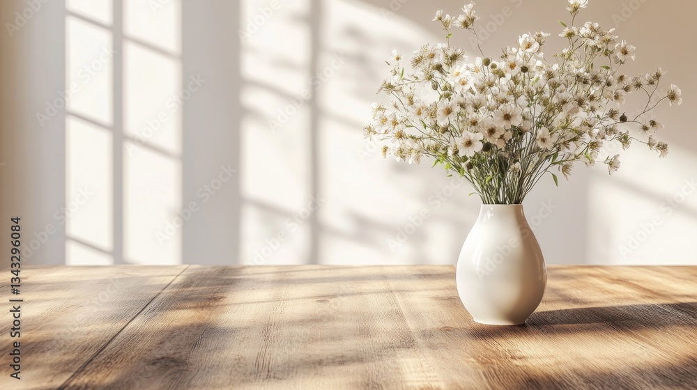 Poster a charming vase filled with delicate white blooms sits on a rustic wooden table. soft sunlight filte