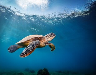 Obraz premium graceful sea turtle swimming below sunlit water surface light reflections ocean ecology marine life underwater photography nature conservation