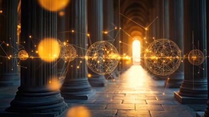 Glowing network spheres in classical hall.