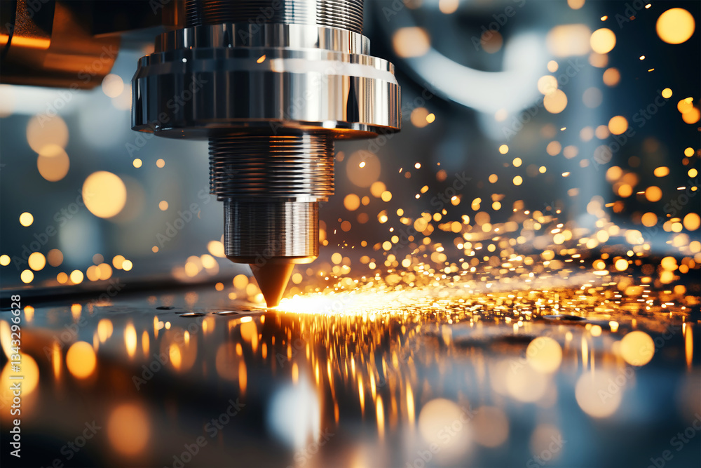 Poster intricate craftsmanship at dawn with a cnc machine cutting metal and sending sparks flying in a mode