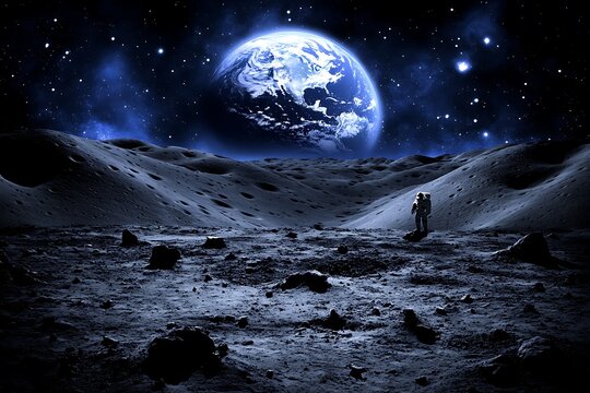 An astronaut on the moon gazing towards the distant blue planet - Powered by Adobe