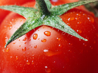 Freshly washed red tomatoes covered with water drops close up.