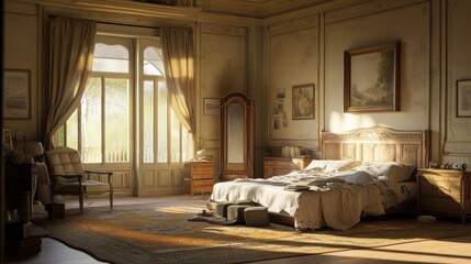 A serene bedroom scene with sunlight illuminating a cozy, vintage space.