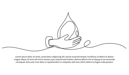 Continuous one line design of hand holding a water drop. Minimalist style vector illustration on white background.