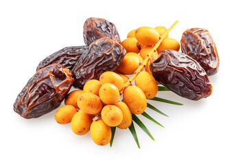 Cluster of yellow fresh dates, and semi-dried dates isolated on white background. File contains clipping path.