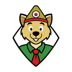 A brave scout mascot logo with a determined expression, wearing a hat, backpack, and uniform. Symbolizing adventure, leadership, and exploration for teams or organizations.