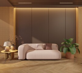 Mockup living room minimalist style decorated with grey cement walls, white sofas and wooden floors with warm afternoon light. 3d render