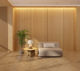 A minimalist living room decorated with bare wooden walls, a small sofa and a wooden floor with warm afternoon light.3d render