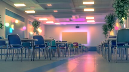 Empty University Classroom  Conference Room  School Interior  Desks  Chairs  Soft Lighting