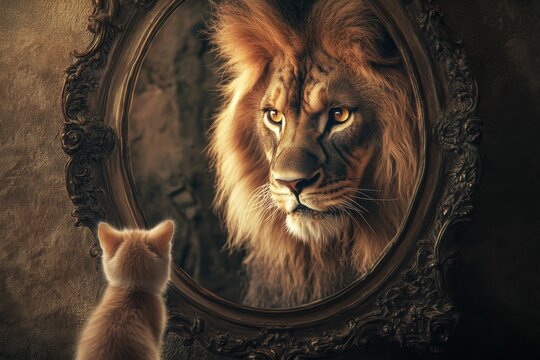self esteem and personal growth of A small cat peers into a mirror, its reflection showing a lion, its reflection revealing a fierce lion, embodying inner strength and transformation.