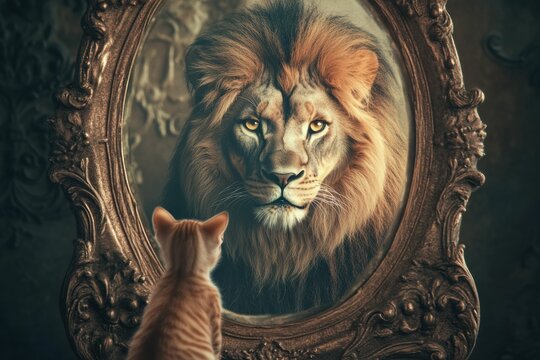 self esteem and personal growth of A small cat peers into a mirror, its reflection showing a lion, its reflection revealing a fierce lion, embodying inner strength and transformation.