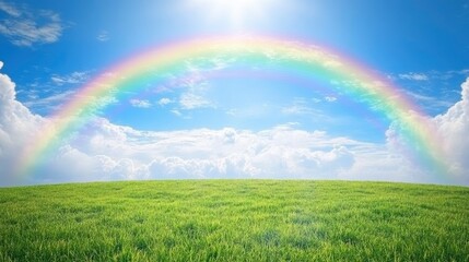 Obraz premium Green Field and Rainbow Under Bright Blue Sky with White Clouds
