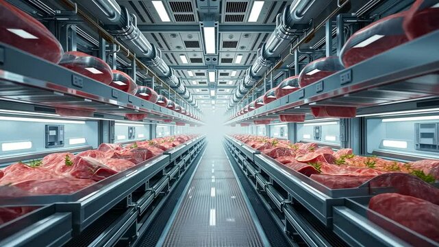 Modern Meat Processing Facility: Rows of Raw Steaks on Conveyors in a Clean, Sterile Industrial Environment