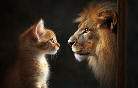 self esteem and personal growth of A small cat peers into a mirror, its reflection showing a lion, its reflection revealing a fierce lion, embodying inner strength and transformation.