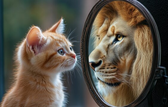 self esteem and personal growth of A small cat peers into a mirror, its reflection showing a lion, its reflection revealing a fierce lion, embodying inner strength and transformation.