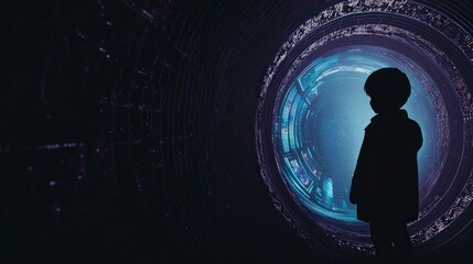 Child Silhouette in Futuristic Tunnel  Digital Future  LCD Screens