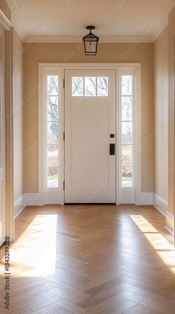 Poster Sunlight pours through large windows, creating a warm atmosphere in a stylish entryway. The herringbone patterned floor guides the way into the inviting space