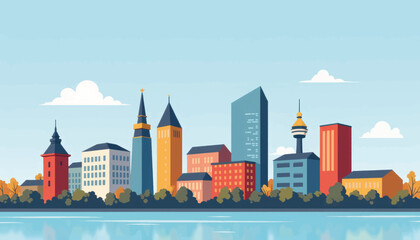 Naklejka premium Modern European skyline with iconic buildings under blue sky, urban design