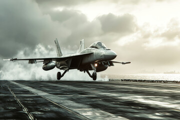 Fighter jet accelerates skyward from aircraft carrier deck amid dramatic clouds and shimmering water