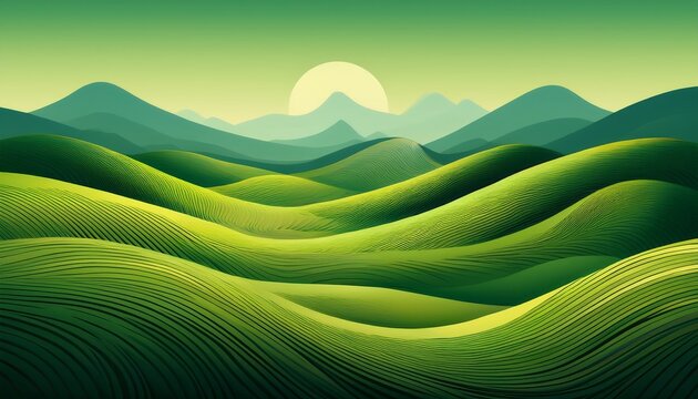 abstract green landscape with rolling hills and mountains stylized nature wallpaper digital illustration