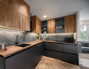 compact kitchen features sleek wooden and black cabinets the backsplash and countertop match the cabinet s wooden finish
