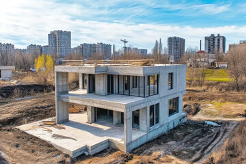 Fototapeta premium New concrete building rising in a modern residential area under construction with an aerial perspective