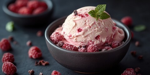 Refreshing Raspberry Ice Cream with Chocolate Chips and Mint in a Dark Bowl
